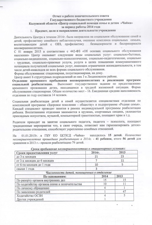 Отчет о работе попечительского совета Государственного бюджетного учреждения Калужской области "Центр социальной помощи семье и детям "Чайка" за период работы 2014 года